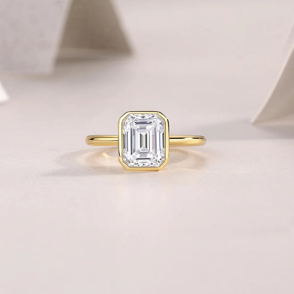 Emerald Cut Bezel-Set Solitaire Gold-Plated S925 Sterling Silver Moissanite Ring Minimalist Ring for Women Daily Wear  Ring