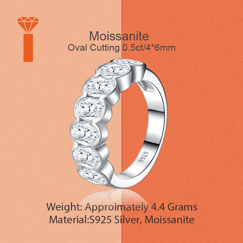 Oval Cut Bezel-Set Half Eternity S925  Silver Moissanite Band Connected Stone Stackable Wedding Ringfor Women  Wedding Ring