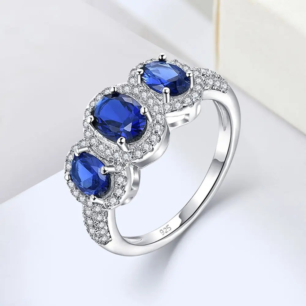 Oval Blue Sapphire Zircon Half Eternity Ring Set – 925 Sterling Silver