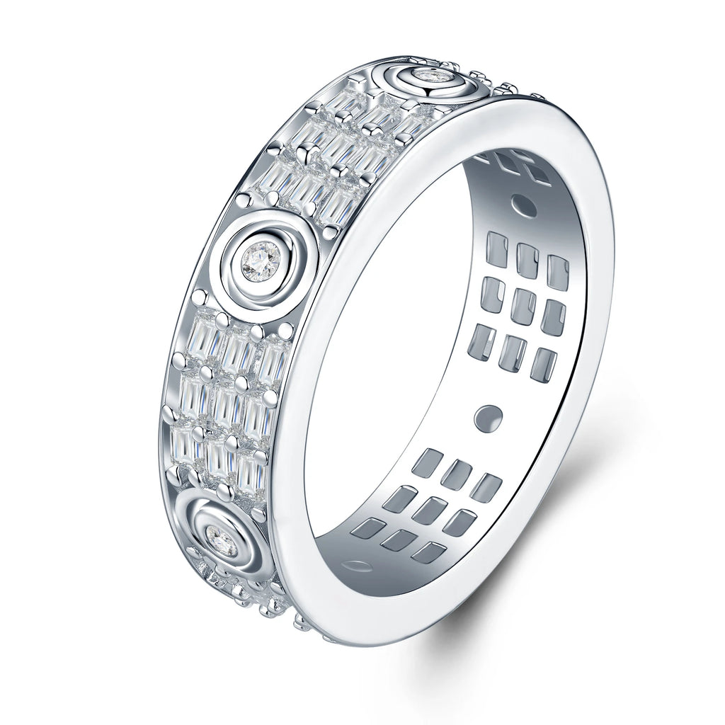Multi-Row Round Iced-Out S925 Pure Silver Moissanite Band Rotatable Hip Hop Statement Ring for Daily Luxury Band Wedding Ring