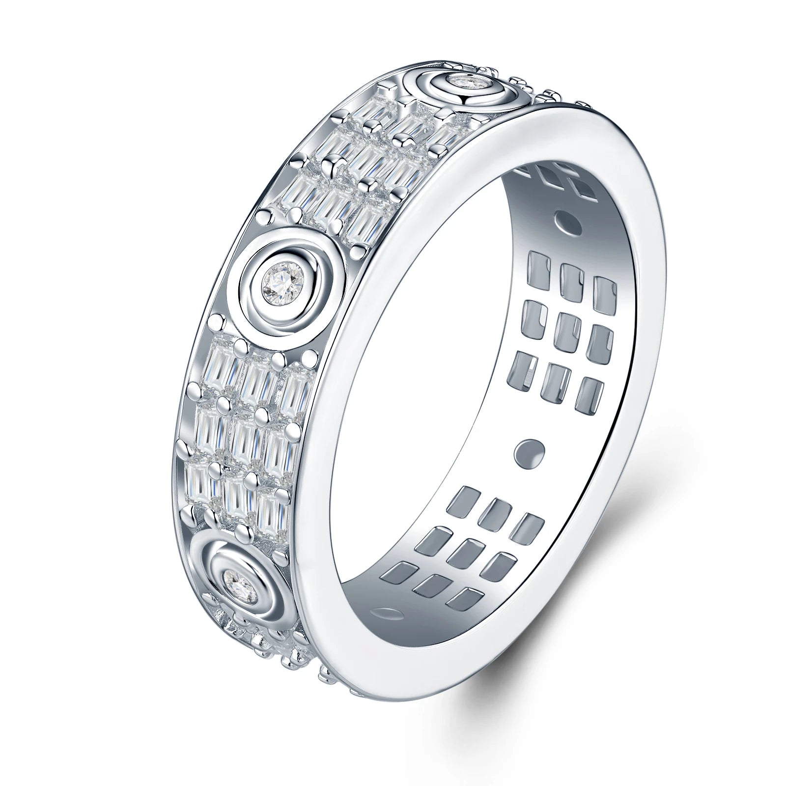 Multi-Row Round Iced-Out S925 Pure Silver Moissanite Band Rotatable Hip Hop Statement Ring for Daily Luxury Band Wedding Ring