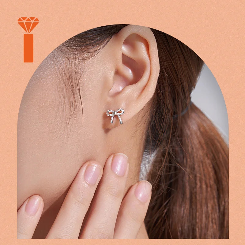 Pave Set Bowknot Moissanite Stud Earrings, S925 Sterling Silver Sweet Dainty Earrings, Elegant Girly Fine Jewelry Earrings