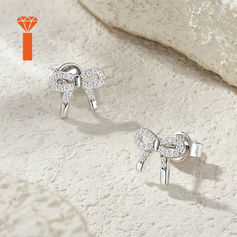 Pave Set Bowknot Moissanite Stud Earrings, S925 Sterling Silver Sweet Dainty Earrings, Elegant Girly Fine Jewelry Earrings