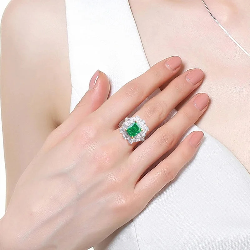 Bohemian Emerald-Cut Green Zirconia Ring in Sterling Silver, Snowflake Detail