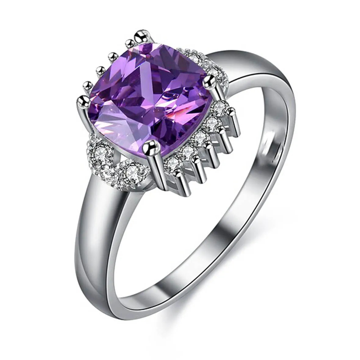 Square-Cut Amethyst Ring with Accent Stones, 925 Silver