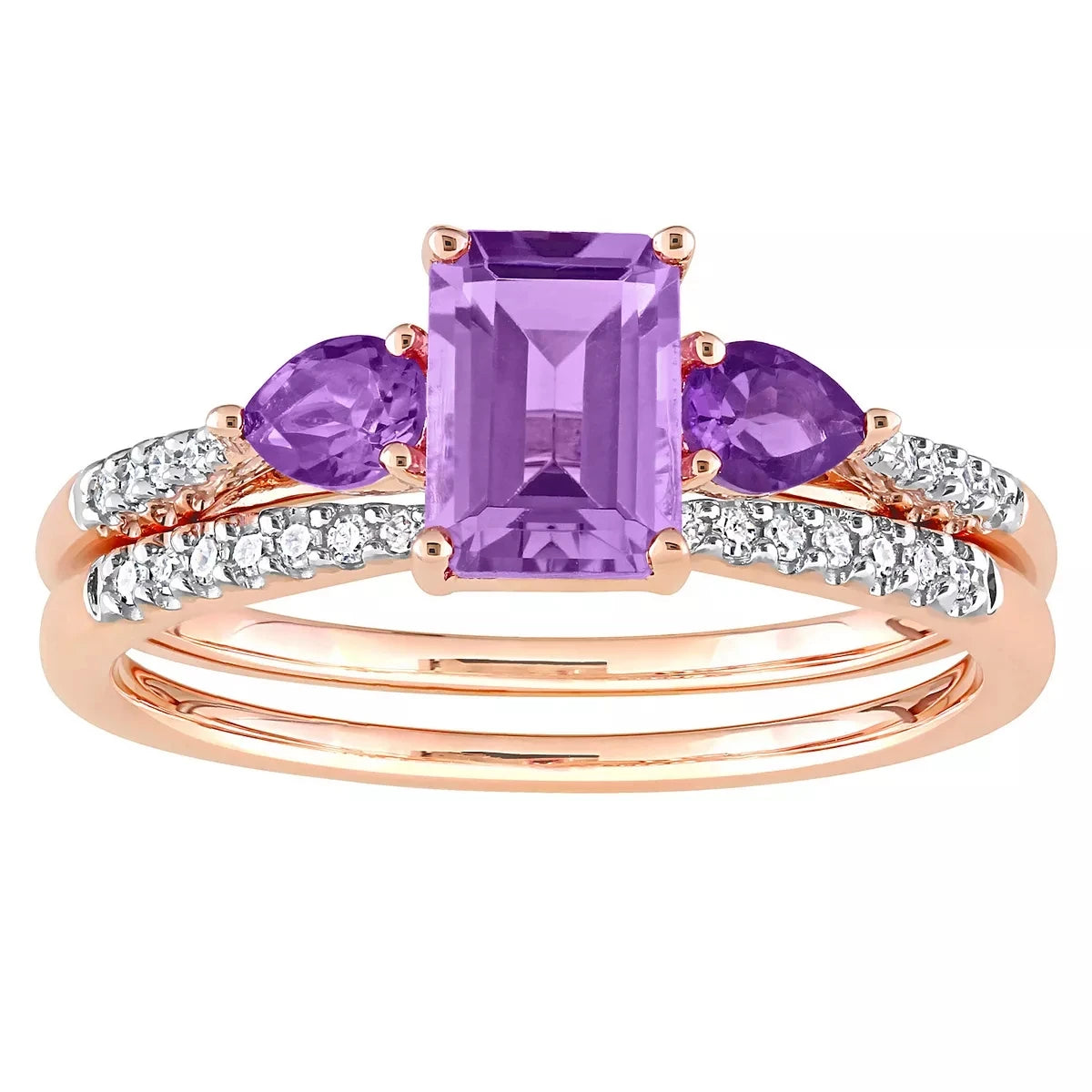 Baguette & Oval Cut Amethyst Ring, Rhodium-Plated Gold Finish
