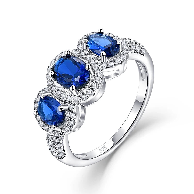 Oval Blue Sapphire Zircon Half Eternity Ring Set – 925 Sterling Silver