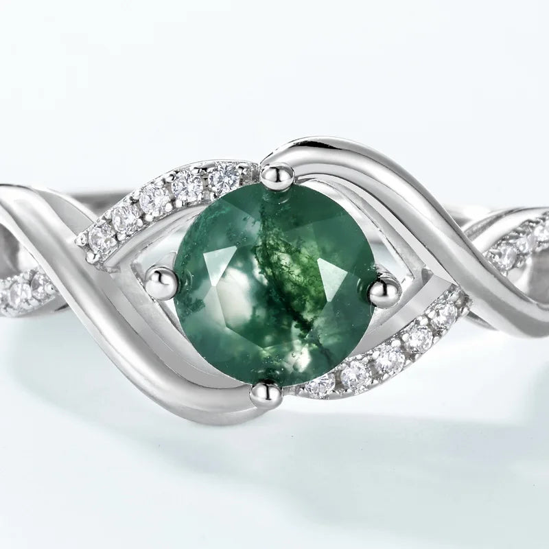 Classic Green Moss Agate Ring in Sterling Silver, Natural Gemstone Jewelry
