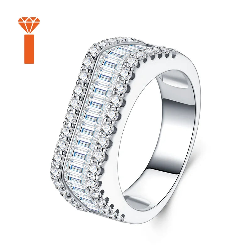 S925 Sterling Silver Wide Statement  Three-Row Mixed-Cut Moissanite Half-Eternity Band Ring Elegant Bridal Fine Jewelry Rings