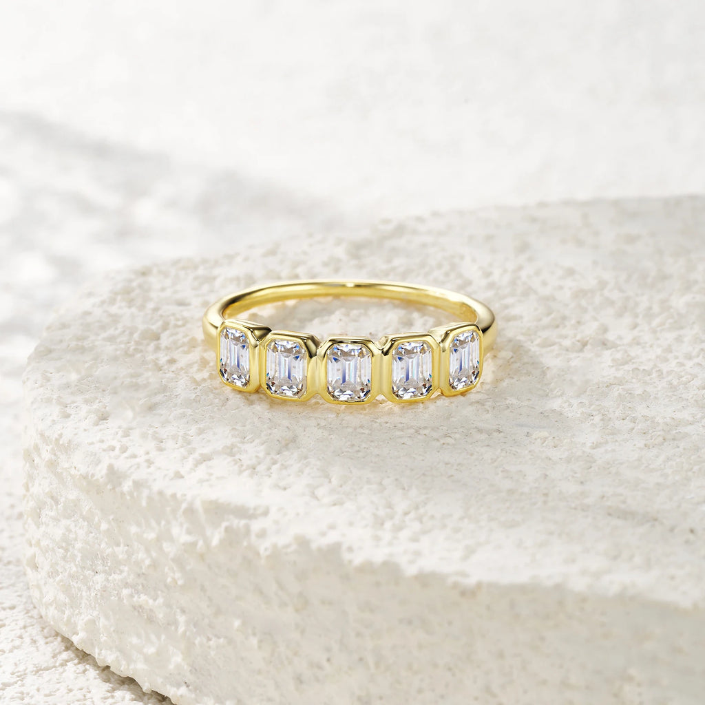 Emerald Cut 5-Stone Bezel Set Gold-Plated S925 Sterling Silver Moissanite Band Luxury  Stackable Eternity Ring for Women Ring
