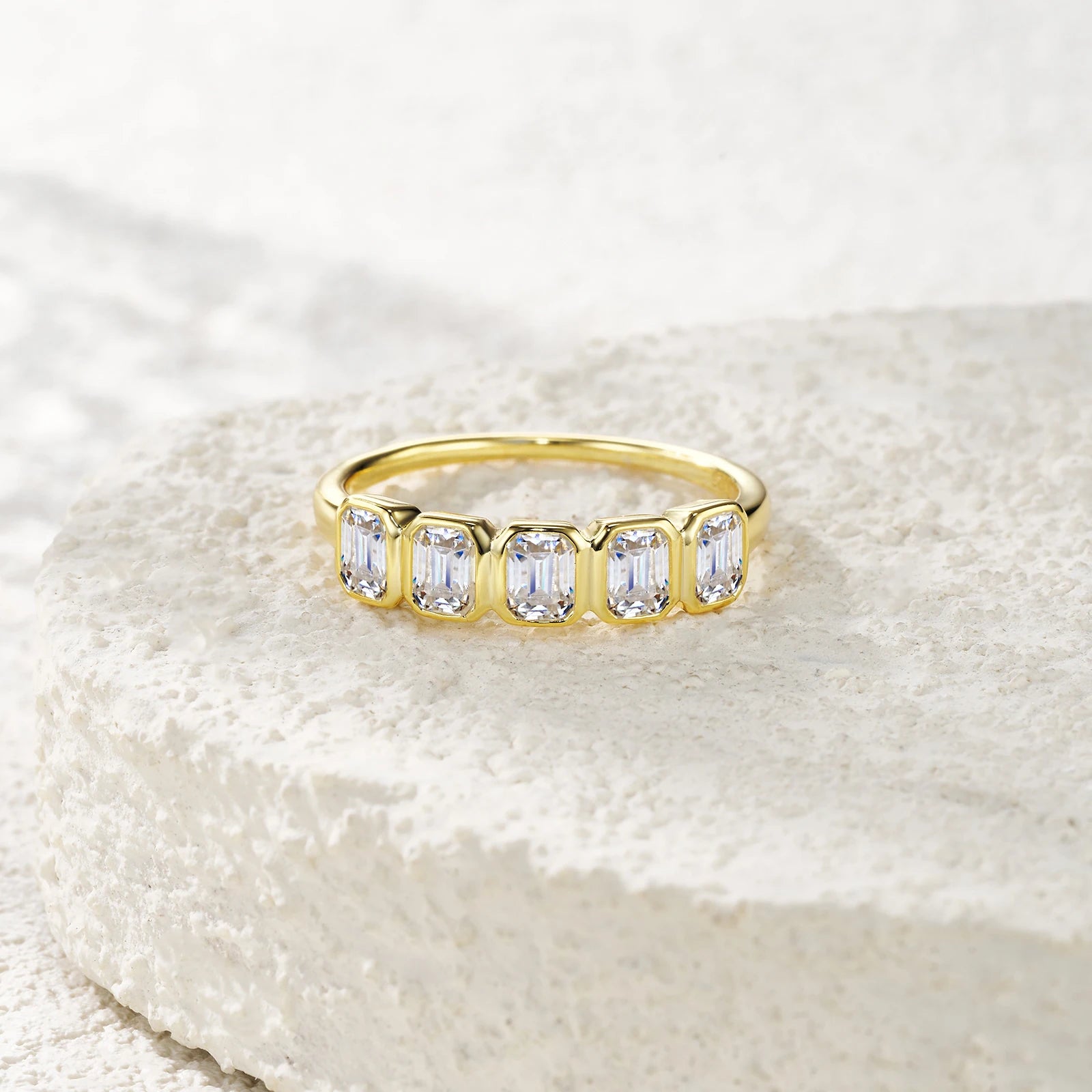 Emerald Cut 5-Stone Bezel Set Gold-Plated S925 Sterling Silver Moissanite Band Luxury  Stackable Eternity Ring for Women Ring