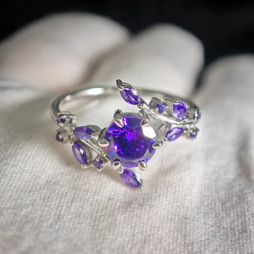 Marquise Amethyst Ring, Leaf Design in 925 Silver