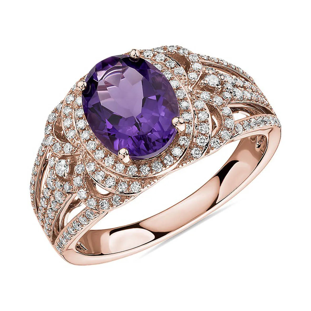 Baguette & Oval Cut Amethyst Ring, Rhodium-Plated Gold Finish