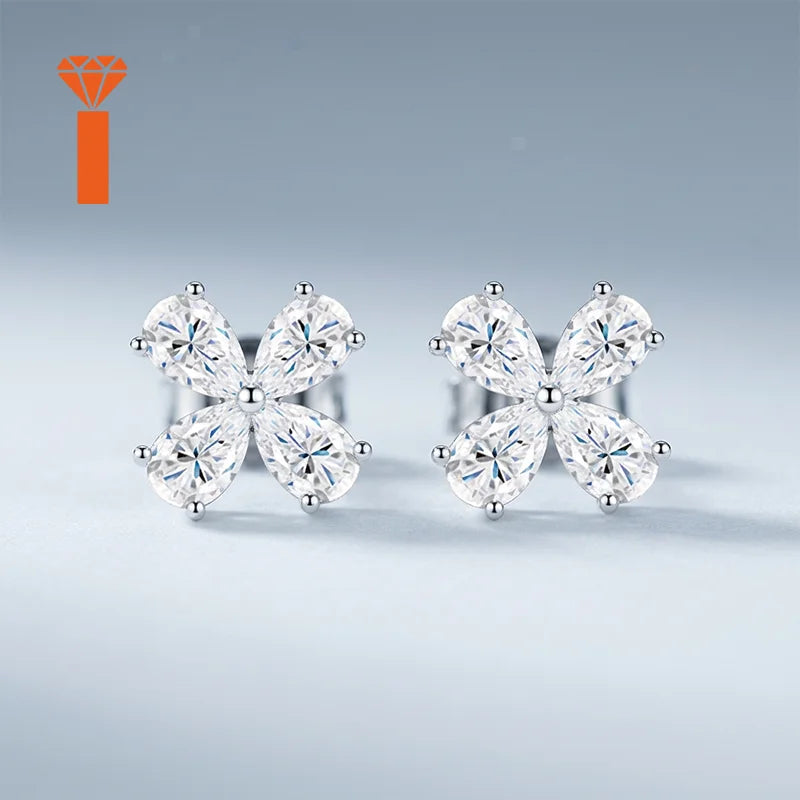 Wholesale Customization Supported Pear Cut Clover Moissanite Studs Premium 925 Silver Dainty Lucky Floral Fine Jewelry Earrings