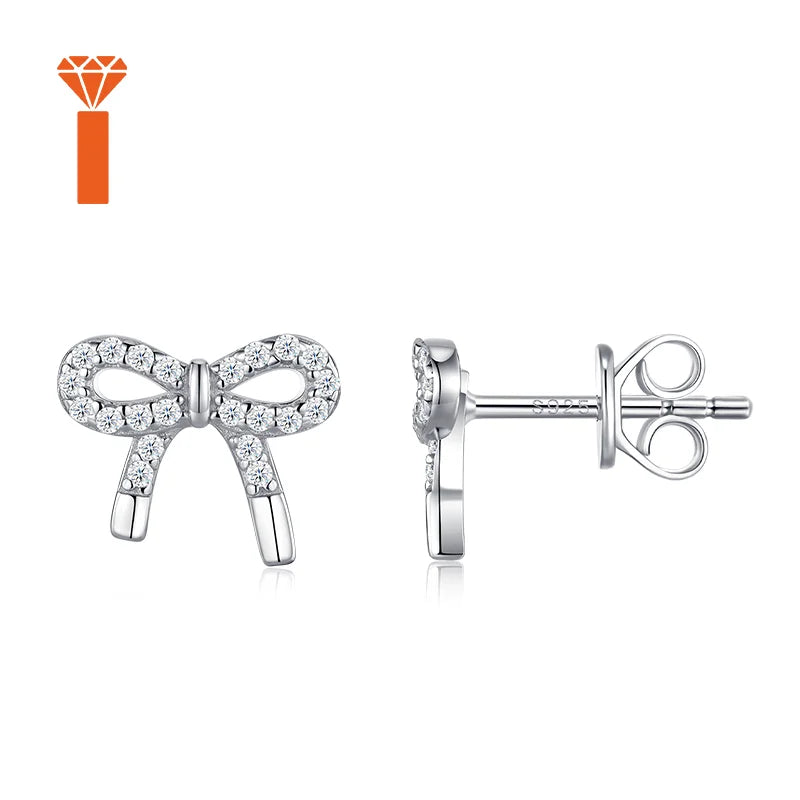 Pave Set Bowknot Moissanite Stud Earrings, S925 Sterling Silver Sweet Dainty Earrings, Elegant Girly Fine Jewelry Earrings