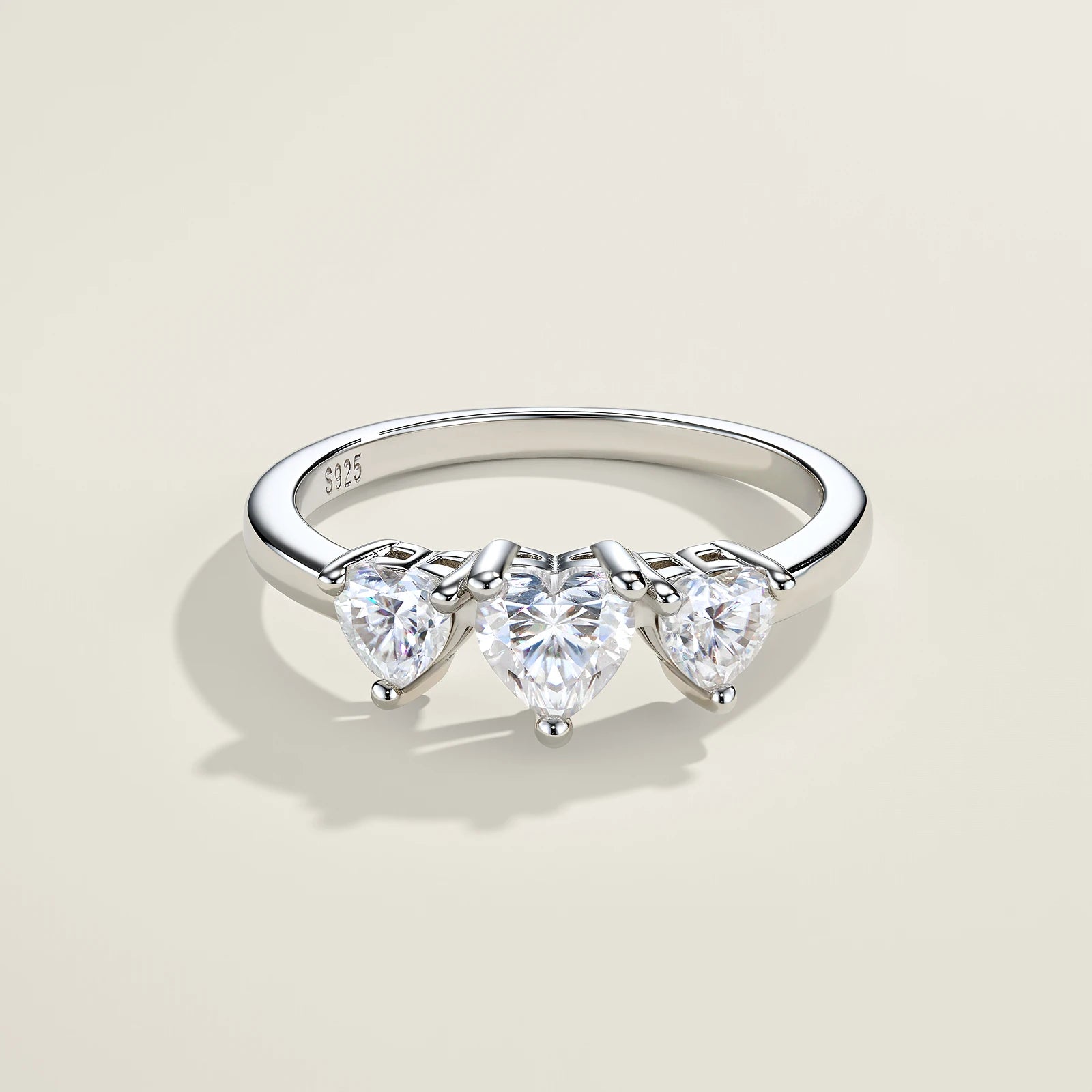 Three-Stone Heart Cut Prong-Set S925 Sterling Silver Moissanite Ring Modern Asymmetrical Promise Ring for Women  Wedding Ring
