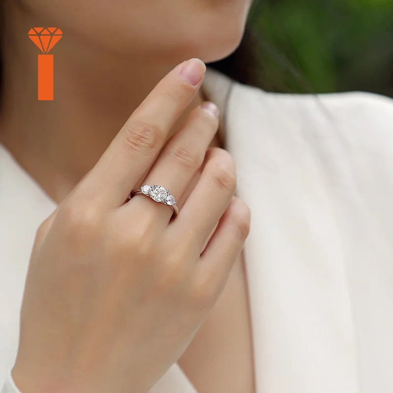 Promise Elegant Bridal Fine Jewelry Classic Three-Stone Round-Cut Moissanite Ring S925 Sterling Silver Past-Present-Future Ring