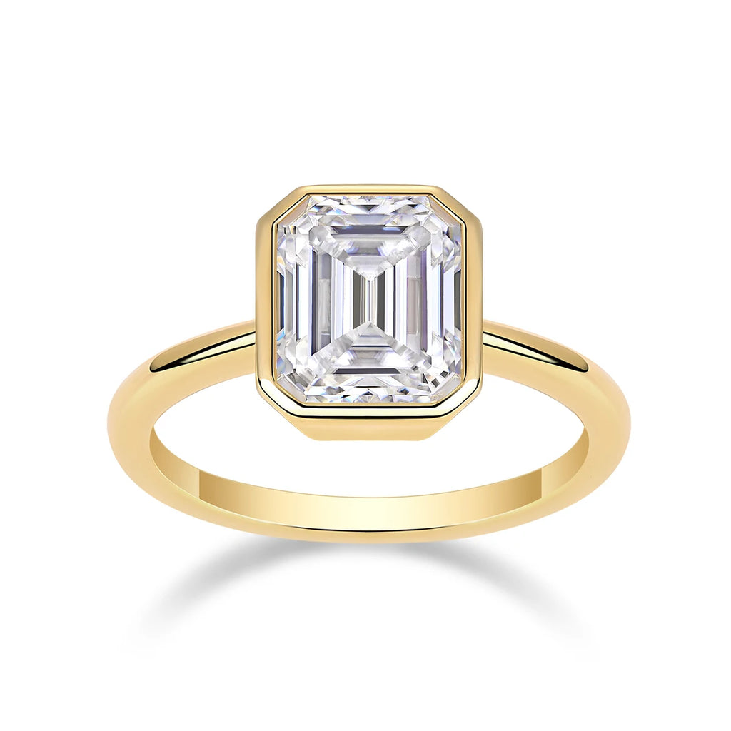 Emerald Cut Bezel-Set Solitaire Gold-Plated S925 Sterling Silver Moissanite Ring Minimalist Ring for Women Daily Wear  Ring