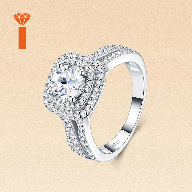 HOT SALE Nice Jewelry S925 Cushion-Shaped Double Halo Moissanite Engagement Ring, S925 Sterling Silver Split-Shank Wedding Ring