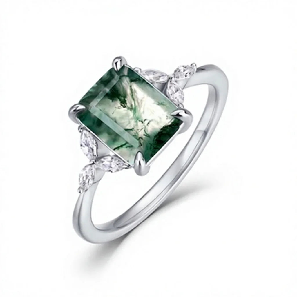 Vintage Leaf-Design Moss Agate Ring in 925 Silver, Emerald-Cut Engagement Ring