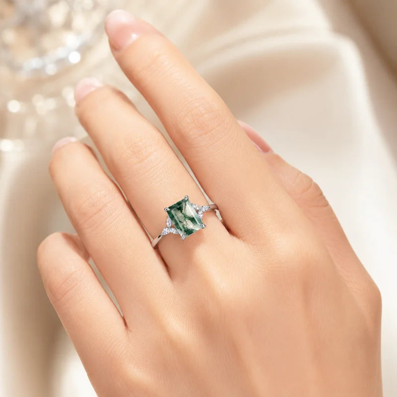 Vintage Leaf-Design Moss Agate Ring in 925 Silver, Emerald-Cut Engagement Ring