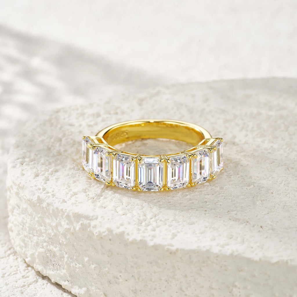 Prong-Set Emerald Cut Half Eternity Gold-Plated S925 Silver Moissanite Band Luxurious Stackable Wedding Ring for Women Ring