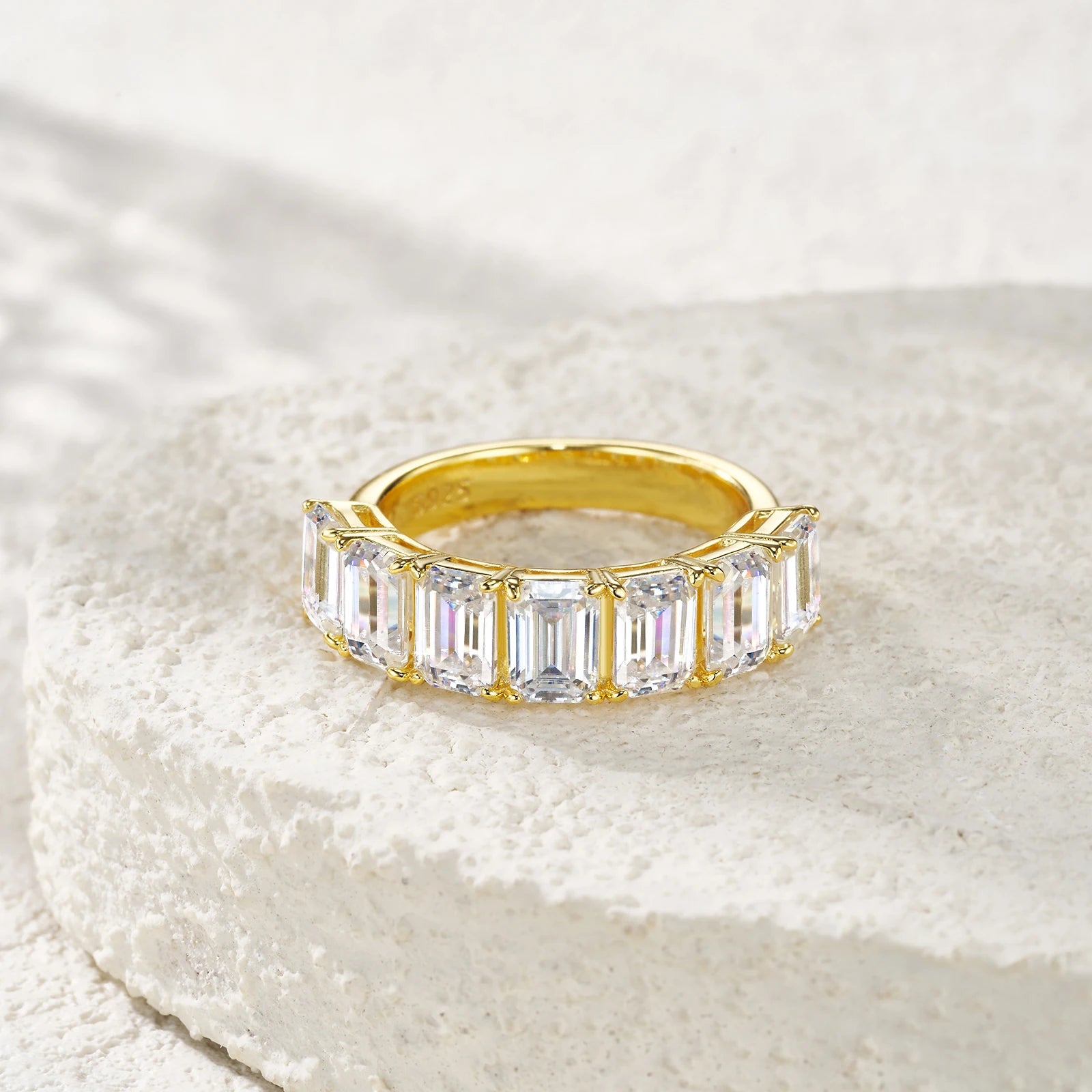 Prong-Set Emerald Cut Half Eternity Gold-Plated S925 Silver Moissanite Band Luxurious Stackable Wedding Ring for Women Ring
