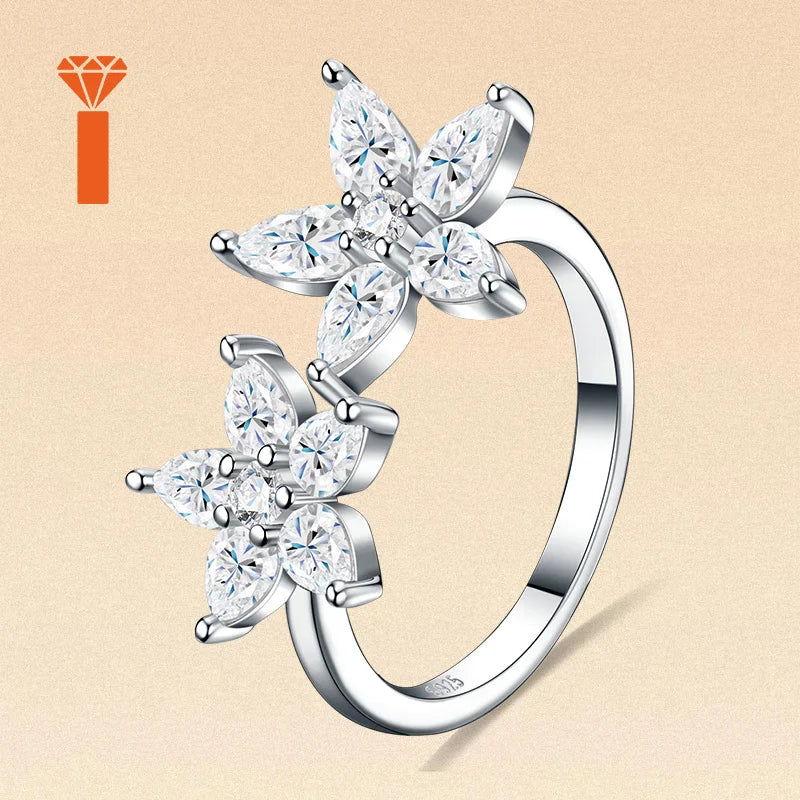 Bulk Order 2026 in Stock Bypass Dual-Flower Moissanite Ring, D Color VVS1 Pear-Cut Design, Delicate Romantic Statement Rings