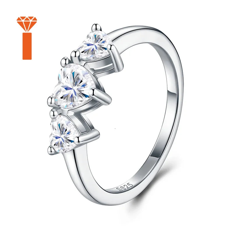 Symbolic Past-Present-Future Statement Rings S925  Heart-Cut Engagement Ring, Romantic Three-Stone Heart Moissanite Ring