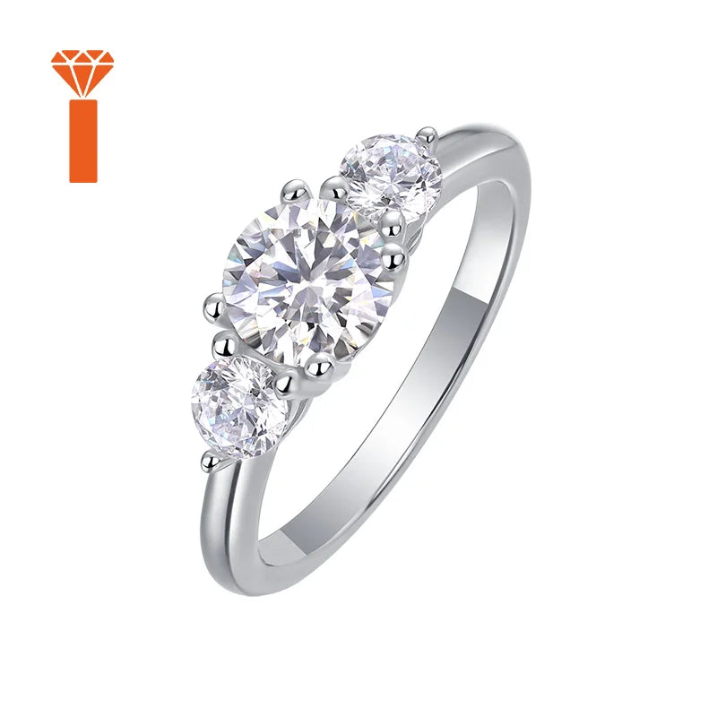 Promise Elegant Bridal Fine Jewelry Classic Three-Stone Round-Cut Moissanite Ring S925 Sterling Silver Past-Present-Future Ring