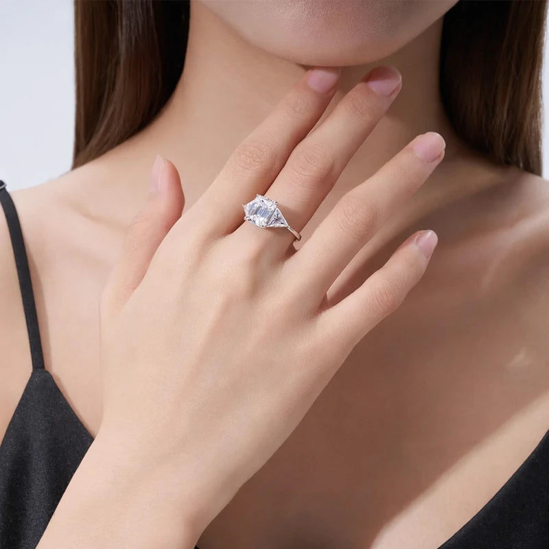 In Stock  4ct Timeless Three-Stone Emerald Cut Moissanite Premium 925 Silver  Versatile Bridal & Anniversary Fine Jewelry Rings