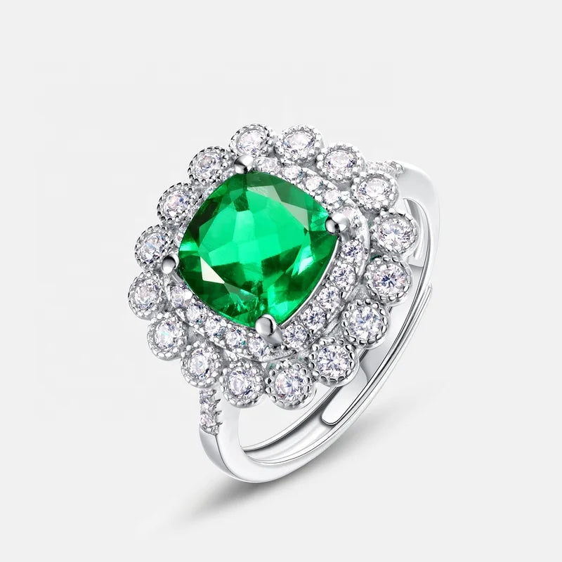 Cushion-Cut Lab-Grown Emerald Double Halo Ring in S925 Silver, Adjustable