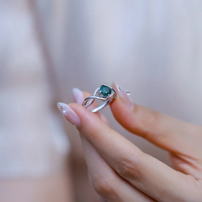 Classic Green Moss Agate Ring in Sterling Silver, Natural Gemstone Jewelry