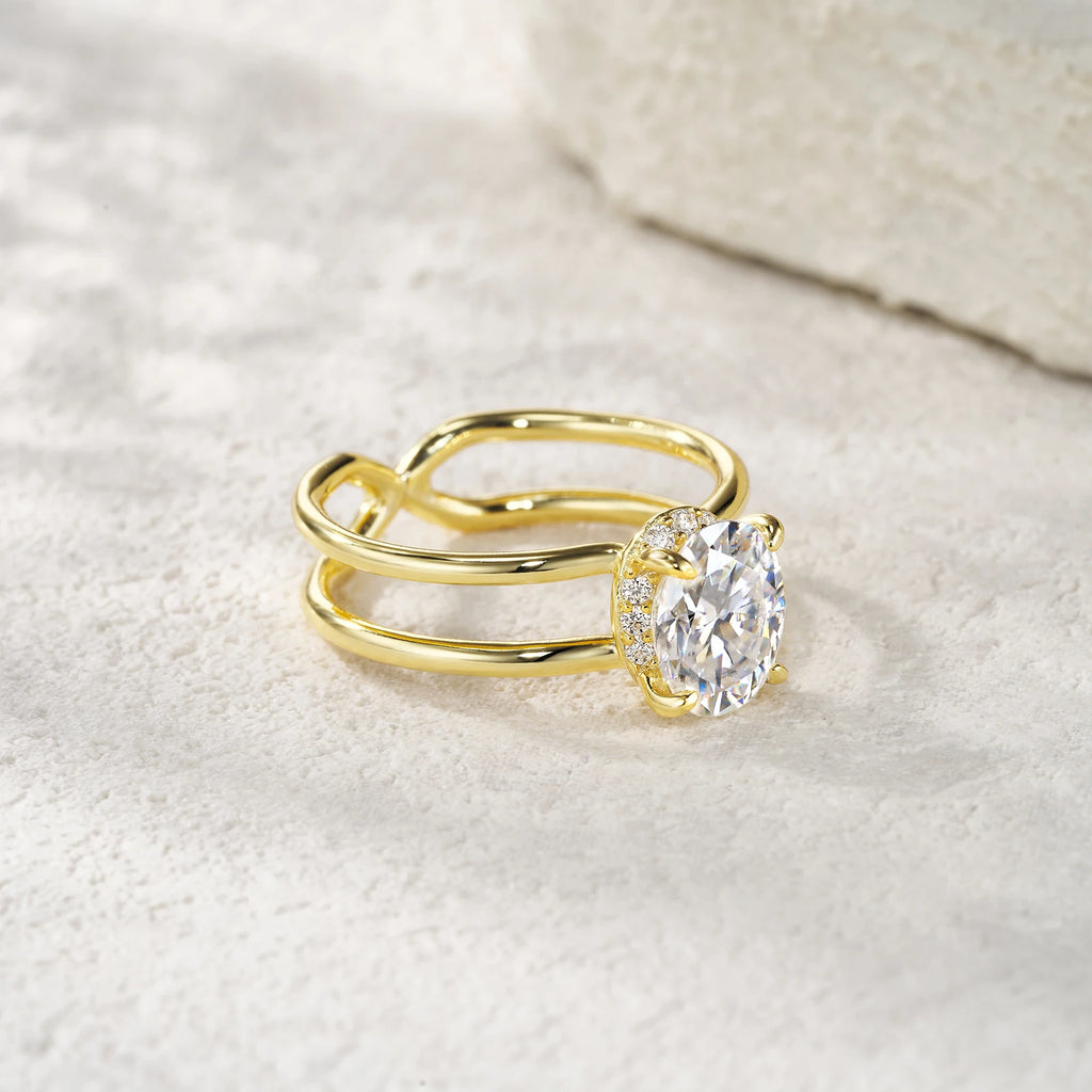 Oval Cut Prong-Set With Infinity Band Gold-Plated S925 Sterling Silver Moissanite Ring Double-Band Ring for Women Daily Ring