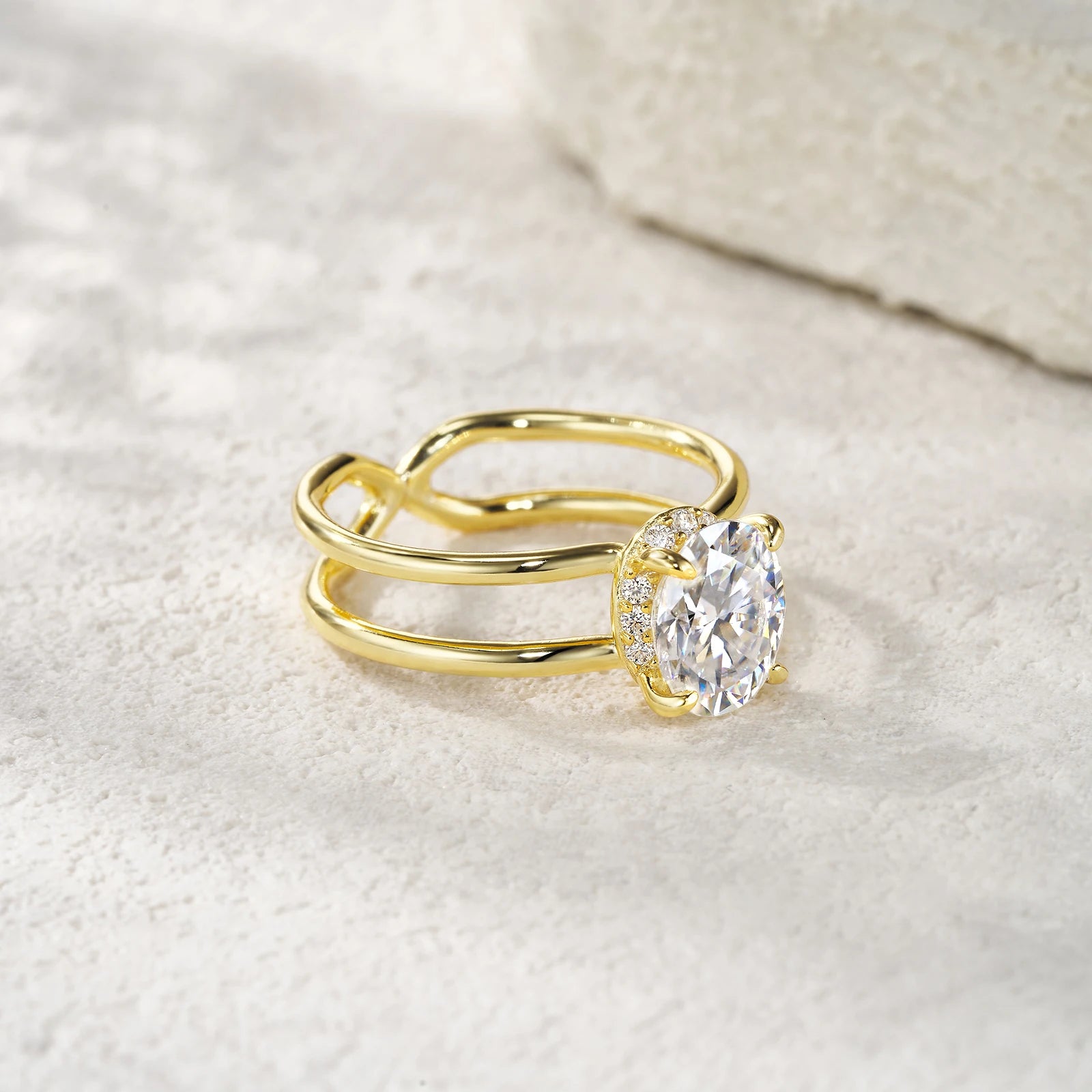 Oval Cut Prong-Set With Infinity Band Gold-Plated S925 Sterling Silver Moissanite Ring Double-Band Ring for Women Daily Ring