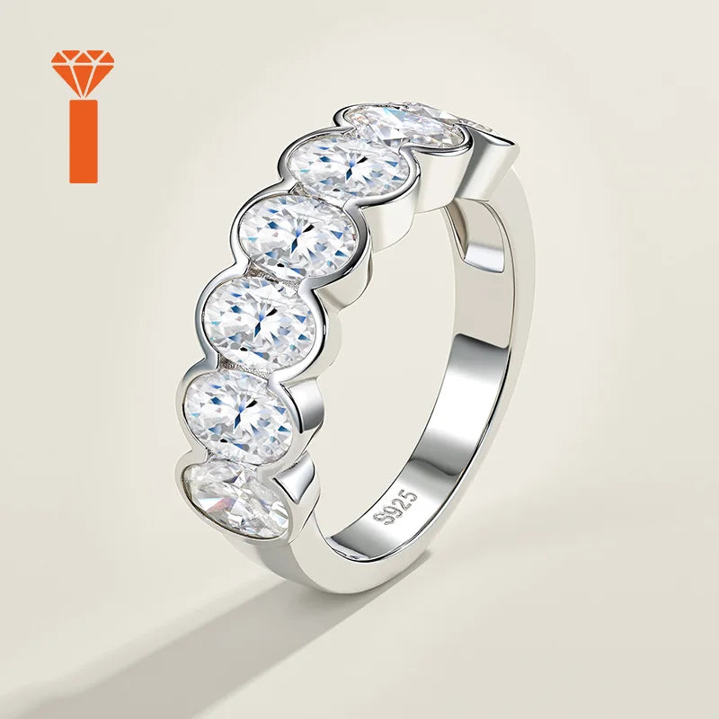 Oval Cut Bezel-Set Half Eternity S925  Silver Moissanite Band Connected Stone Stackable Wedding Ringfor Women  Wedding Ring