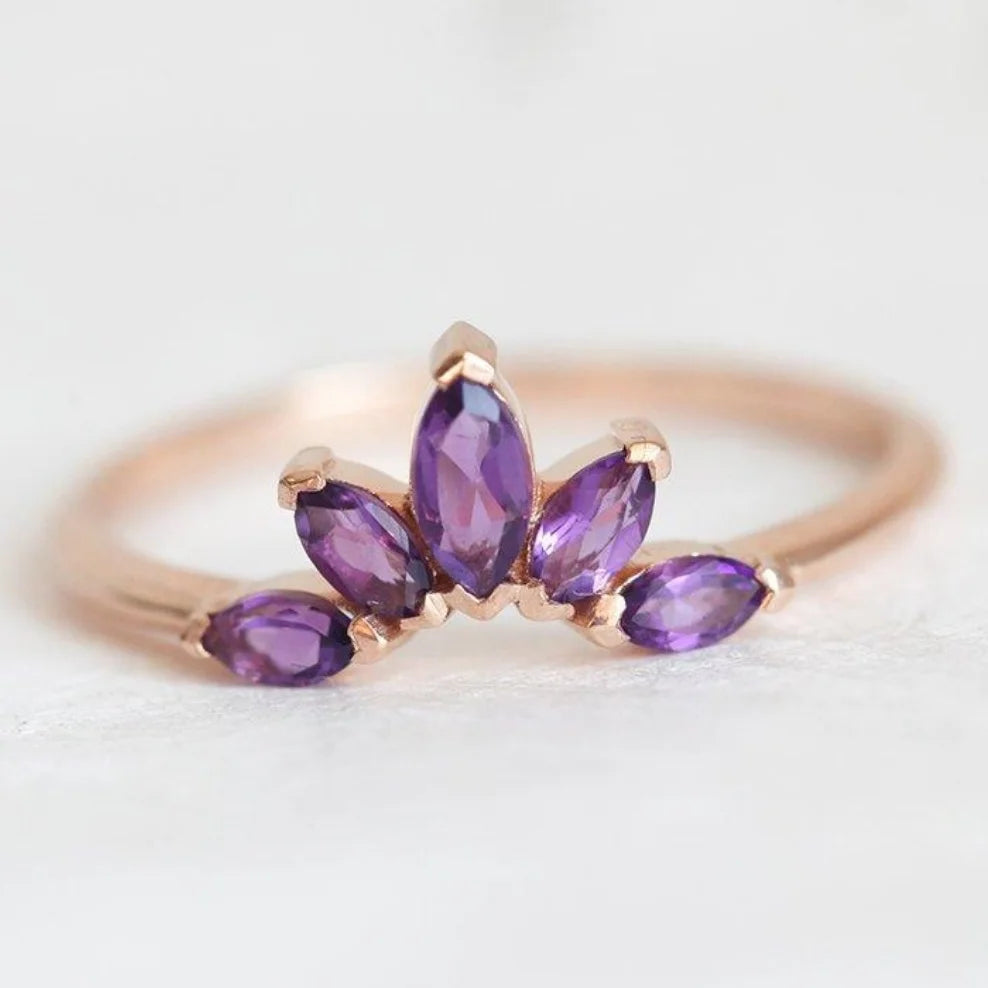 Baguette & Oval Cut Amethyst Ring, Rhodium-Plated Gold Finish