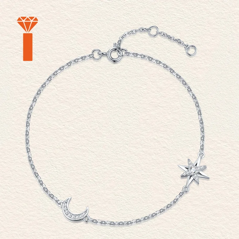 Factory Price Moon and Star Moissanite Premium 925 Silver Dainty Chain Bracelet Versatile Everyday Fine Jewelry Bracelets