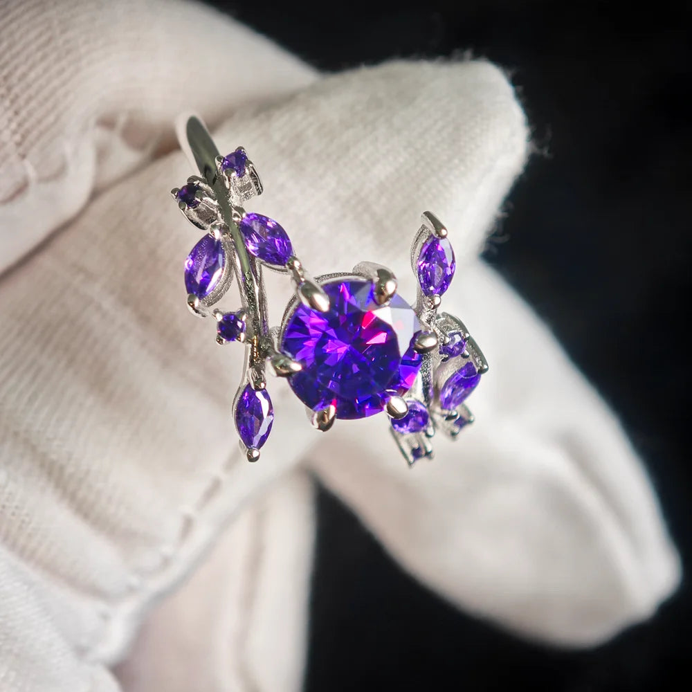 Marquise Amethyst Ring, Leaf Design in 925 Silver
