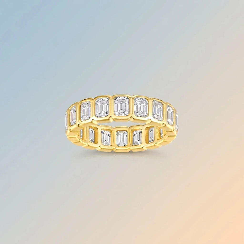 Full Eternity Bezel-Set Emerald Cut Gold-Plated S925 Silver Moissanite Band Geometric Stackable Wedding  Ring for Women Ring