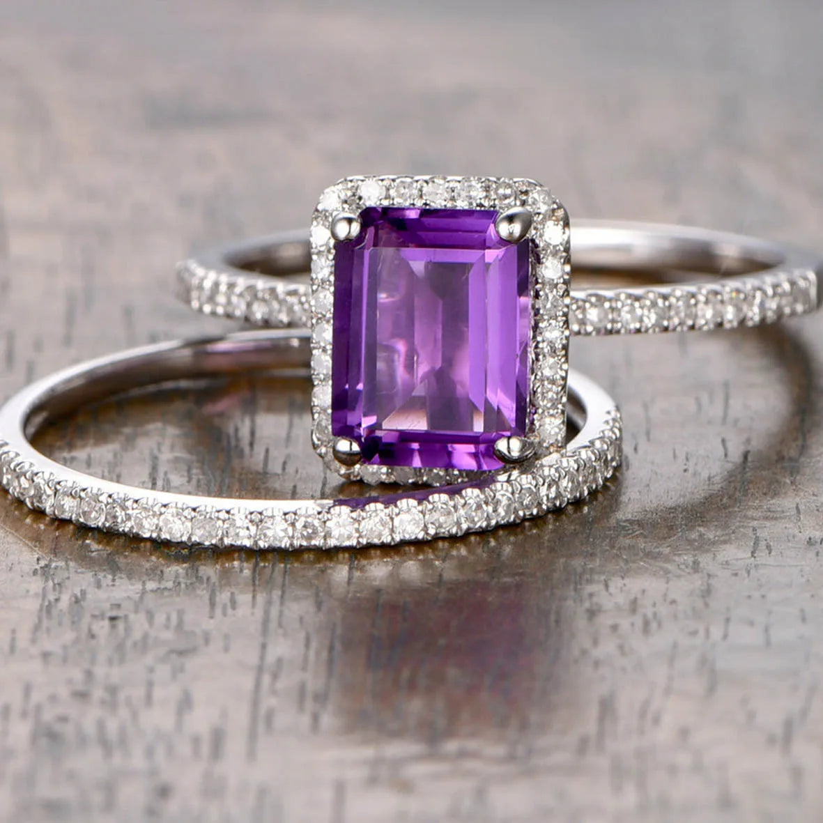 Square-Cut Amethyst Ring with Accent Stones, 925 Silver