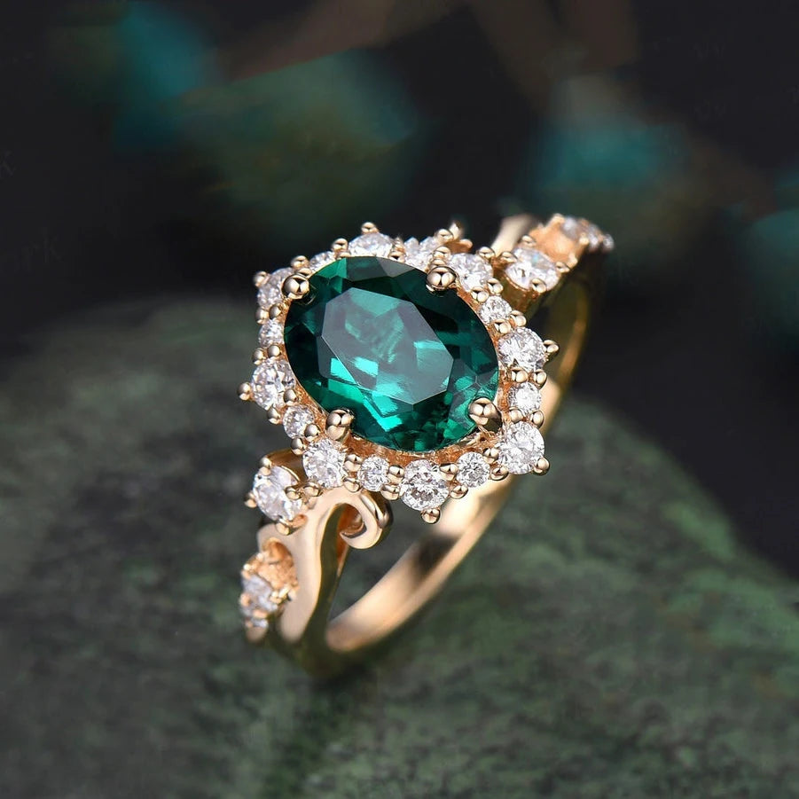 Topgemco Oval-Cut Lab-Grown Emerald & Diamond Engagement Ring in 18K Gold