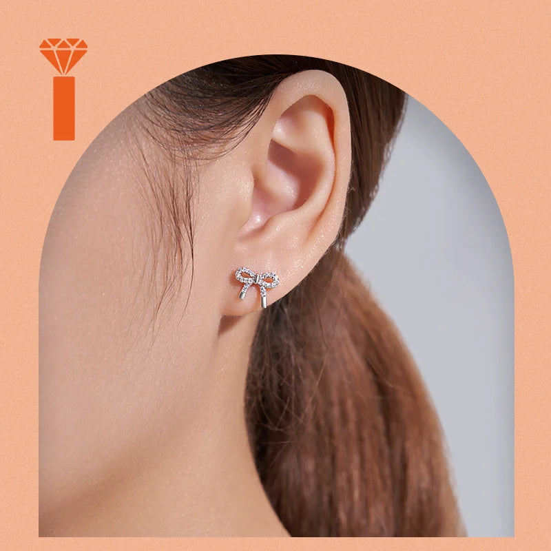 Pave Set Bowknot Moissanite Stud Earrings, S925 Sterling Silver Sweet Dainty Earrings, Elegant Girly Fine Jewelry Earrings