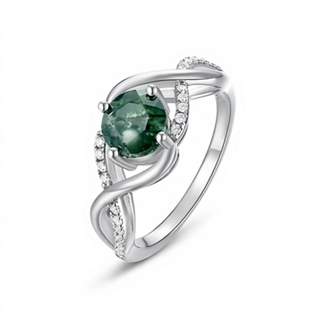 Classic Green Moss Agate Ring in Sterling Silver, Natural Gemstone Jewelry