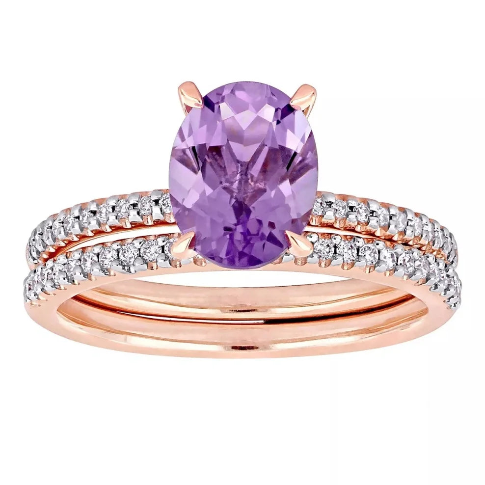Baguette & Oval Cut Amethyst Ring, Rhodium-Plated Gold Finish