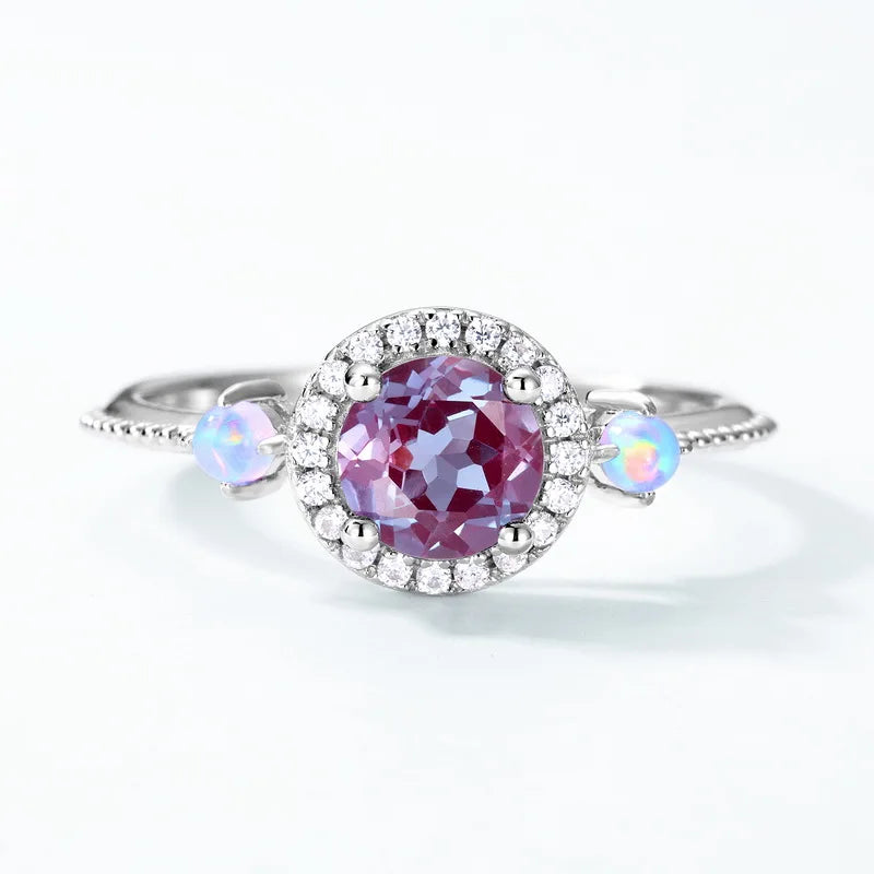 Alexandrite Gemstone Ring in 925 Sterling Silver with Round-Cut CZ Accents