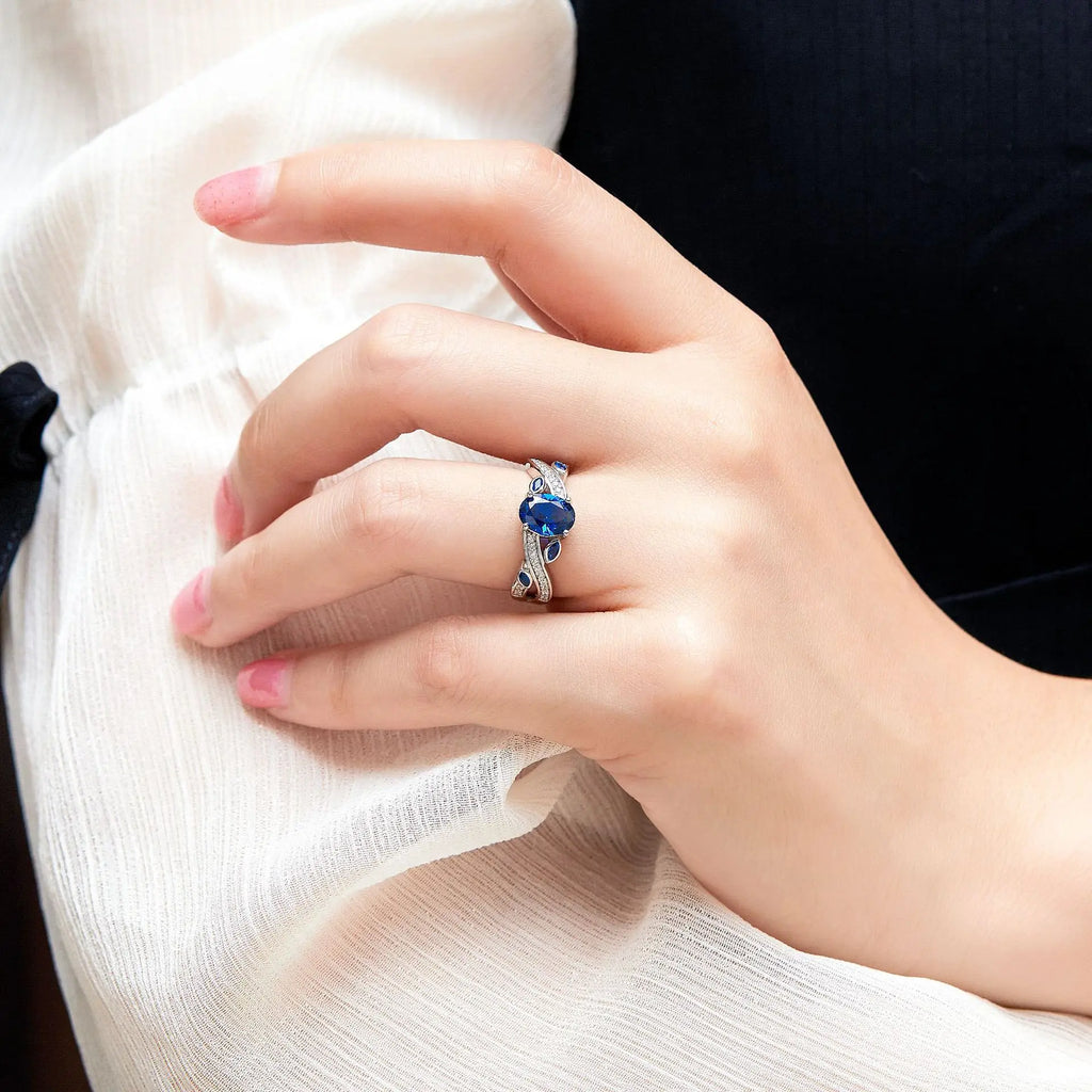 Oval Sapphire-Blue Zircon Party Ring Set – 925 Sterling Silver