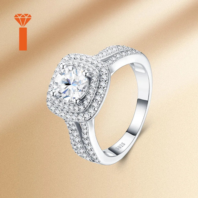 HOT SALE Nice Jewelry S925 Cushion-Shaped Double Halo Moissanite Engagement Ring, S925 Sterling Silver Split-Shank Wedding Ring