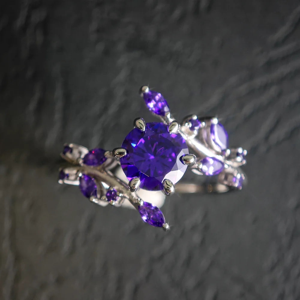 Marquise Amethyst Ring, Leaf Design in 925 Silver