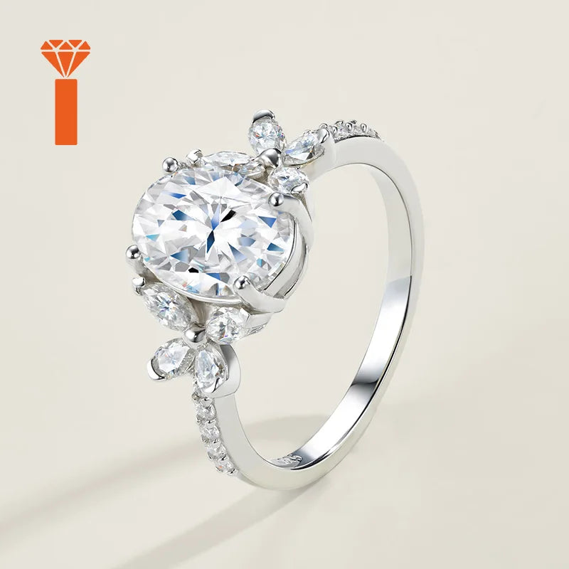 1.5ct Oval-Cut Moissanite Ring with Marquise & Round Accents Floral Halo Design Romantic Contemporary Statement Rings